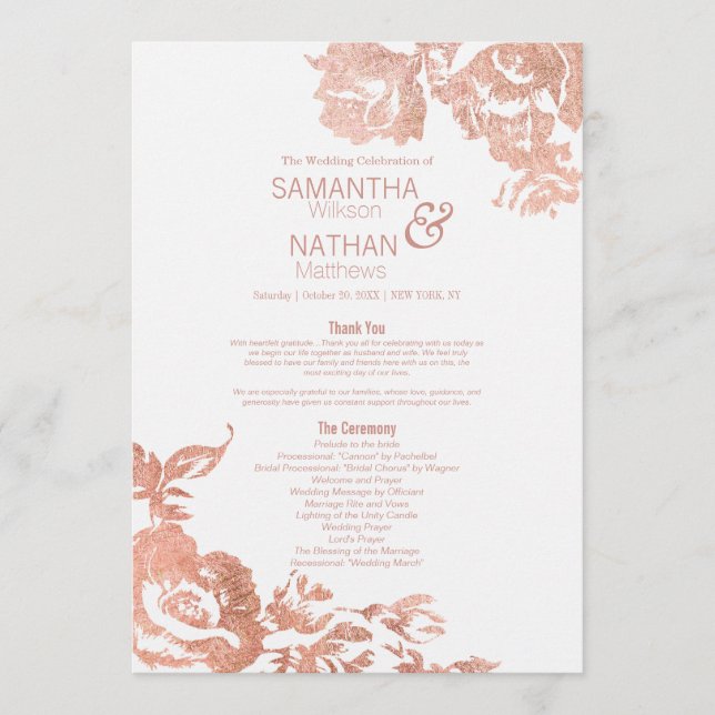 Elegant Modern Rose Gold Floral  Wedding Programme (Front)
