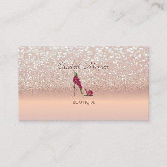 Elegant Modern,Rose Gold Glitter Bokeh High Heels Business Card (Front)