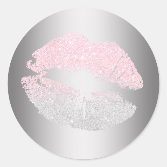 Elegant modern rose gold glitter lips silver classic round sticker (Front)