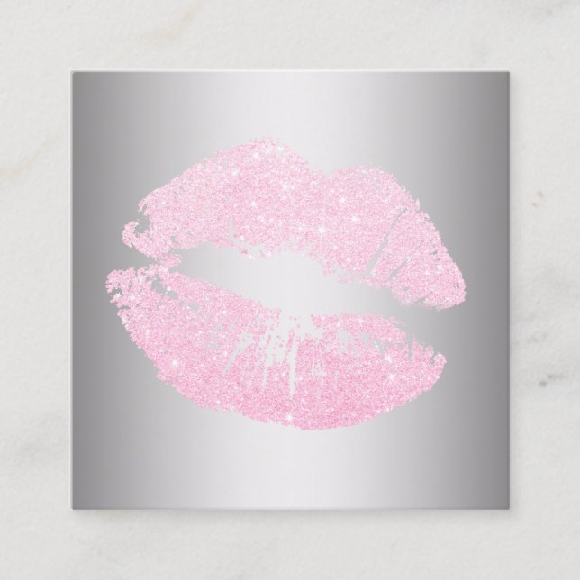 Elegant modern rose gold glitter lips silver square business card (Front)