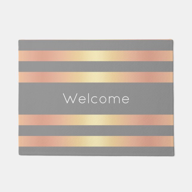 Elegant Modern Rose Gold Gradient Stripes Grey Doormat (Front)