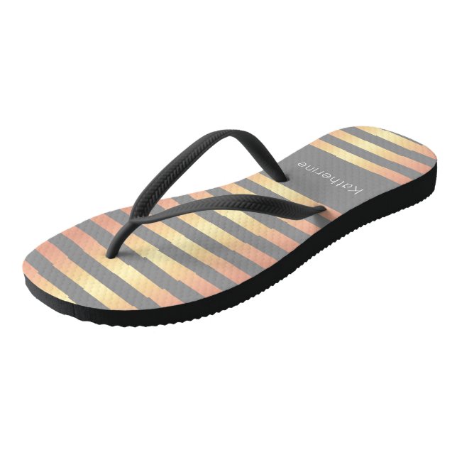 Elegant Modern Rose Gold Gradient Stripes Grey Flip Flops (Angled)