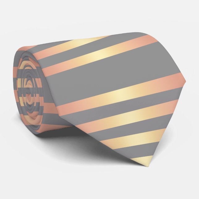 Elegant Modern Rose Gold Gradient Stripes Grey Tie (Rolled)