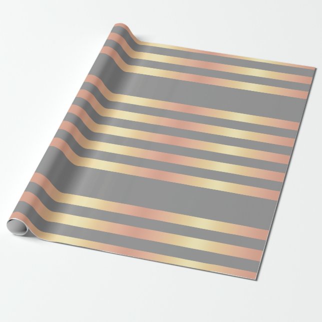 Elegant Modern Rose Gold Gradient Stripes Grey Wrapping Paper (Unrolled)