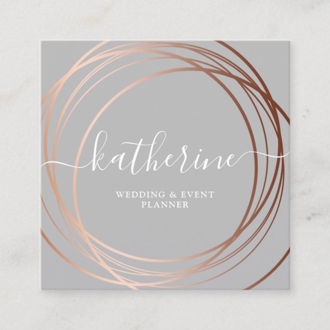Elegant modern rose gold & grey event planner  square business card (Front)