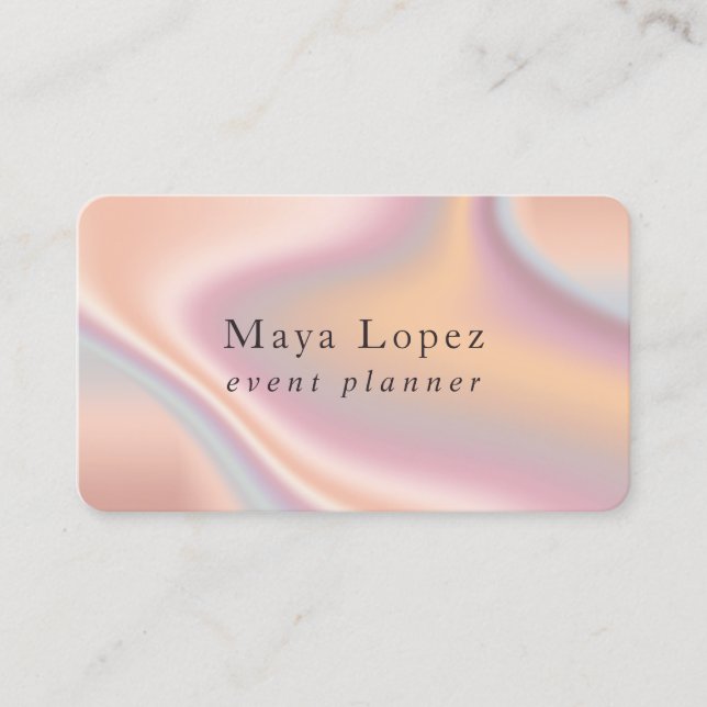 Elegant modern rose gold holographic event planner business card (Front)