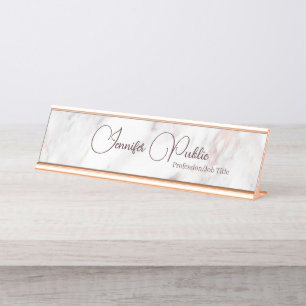 Elegant Modern Rose Gold Marble Handwritten Script Desk Name Plate