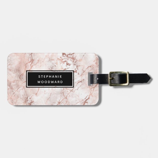 Elegant Modern Rose Gold Marble Personalised Luggage Tag (Front Horizontal)