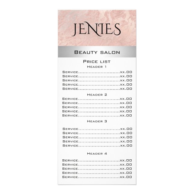 Elegant modern rose gold marble silver stripe rack card (Front)