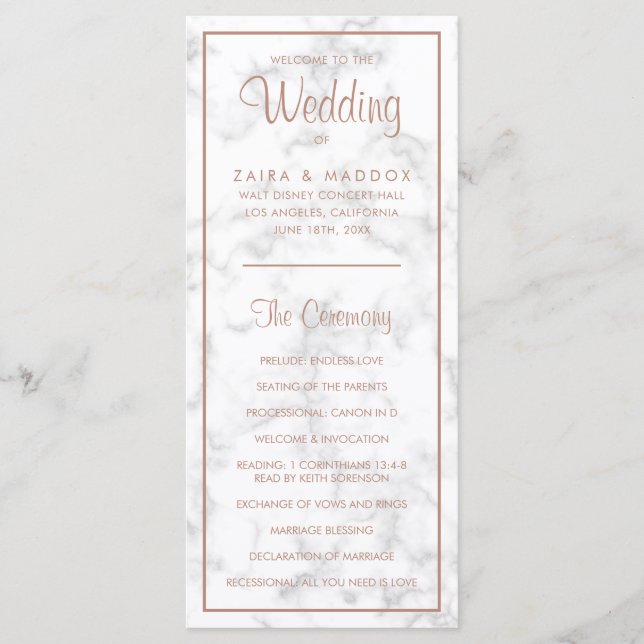 Elegant Modern Rose Gold Marble Wedding Programme (Front)