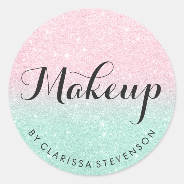 Elegant modern rose gold & mint glitter makeup classic round sticker (Front)