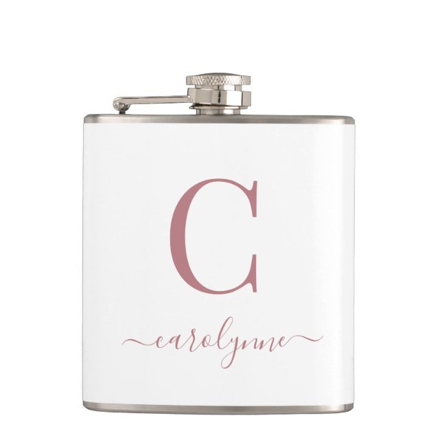 Elegant Modern Rose Gold Monogram Script Hip Flask (Front)