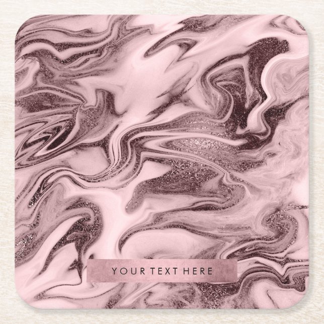 Elegant modern rose gold pink marble look square paper coaster (Front)