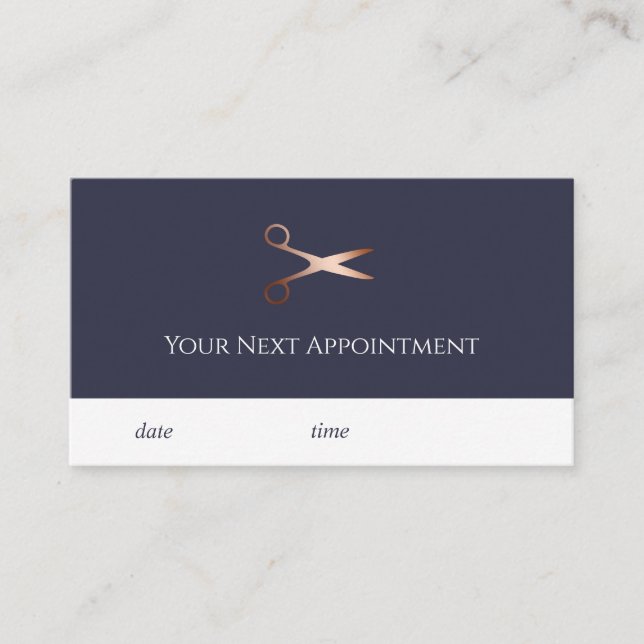 Elegant modern rose gold scissors hairstylist appointment card (Front)