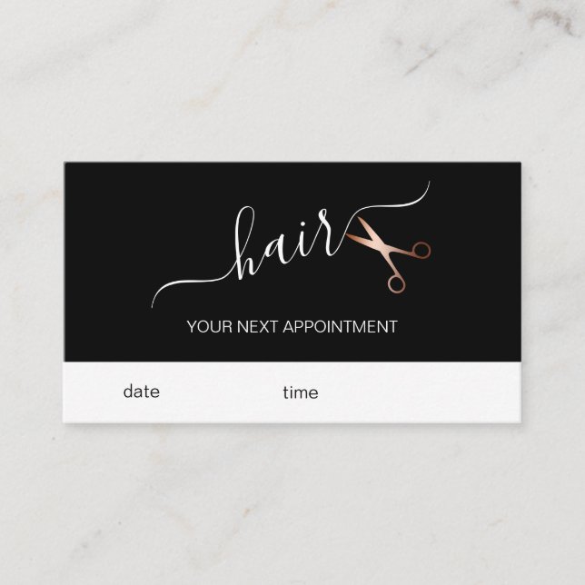 Elegant modern rose gold scissors hairstylist appointment card (Front)