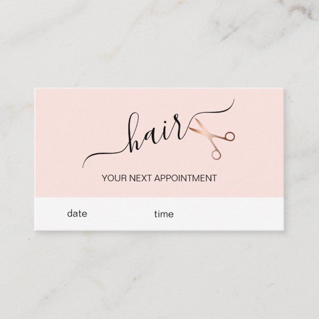 Elegant modern rose gold scissors hairstylist appointment card (Front)