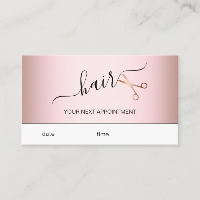 Elegant modern rose gold scissors hairstylist appointment card (Front)