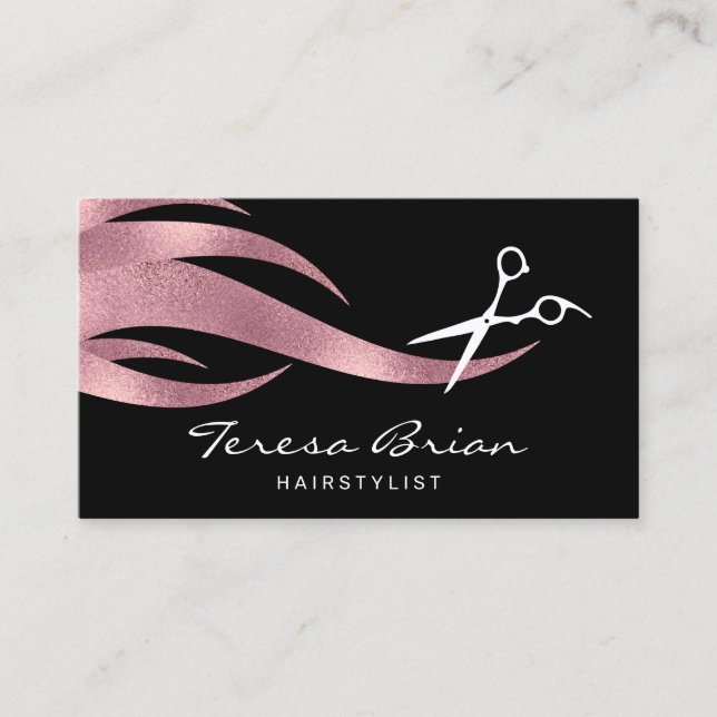 Elegant modern rose gold scissors hairstylist business card (Front)