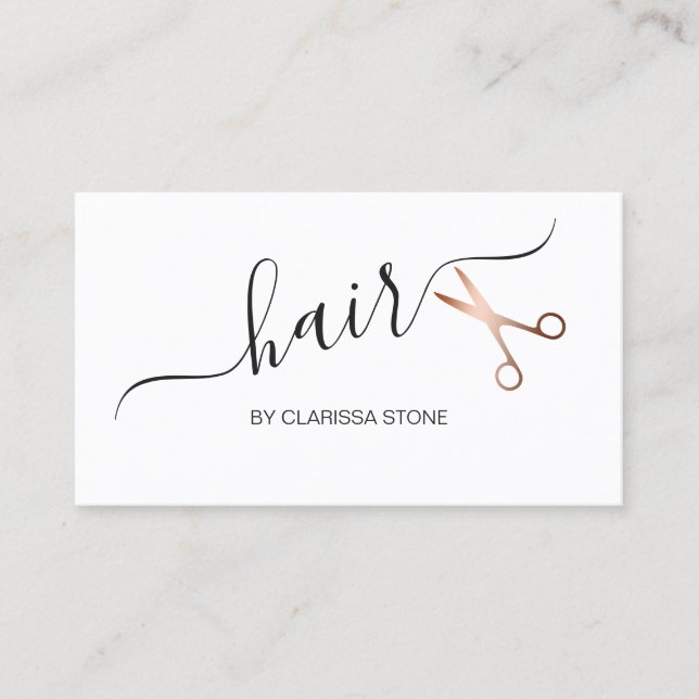 Elegant & modern rose gold scissors hairstylist business card (Front)