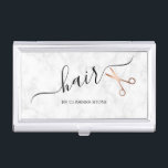 Elegant modern rose gold scissors hairstylist business card holder<br><div class="desc">Modern and elegant design for hairstylists with faux rose gold scissors,  white marble and elegant calligraphy font.</div>