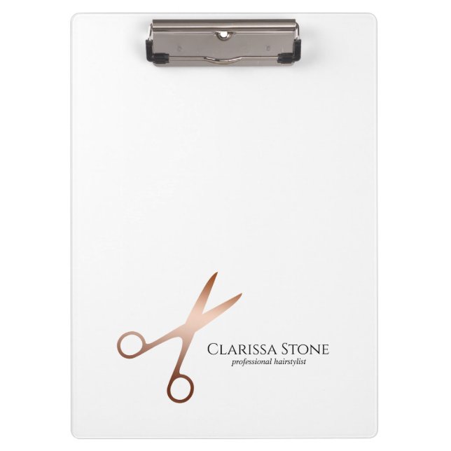 Elegant modern rose gold scissors hairstylist clipboard (Front)
