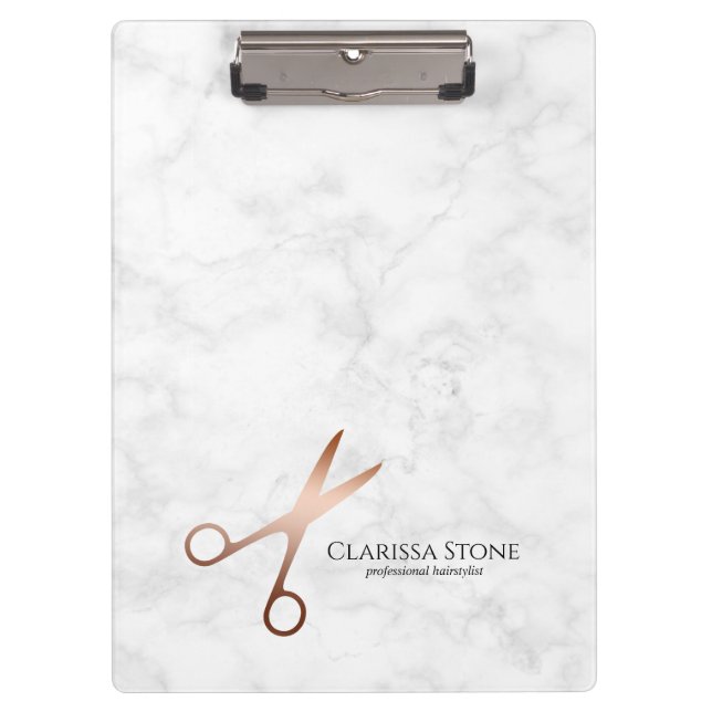 Elegant modern rose gold scissors hairstylist clipboard (Front)