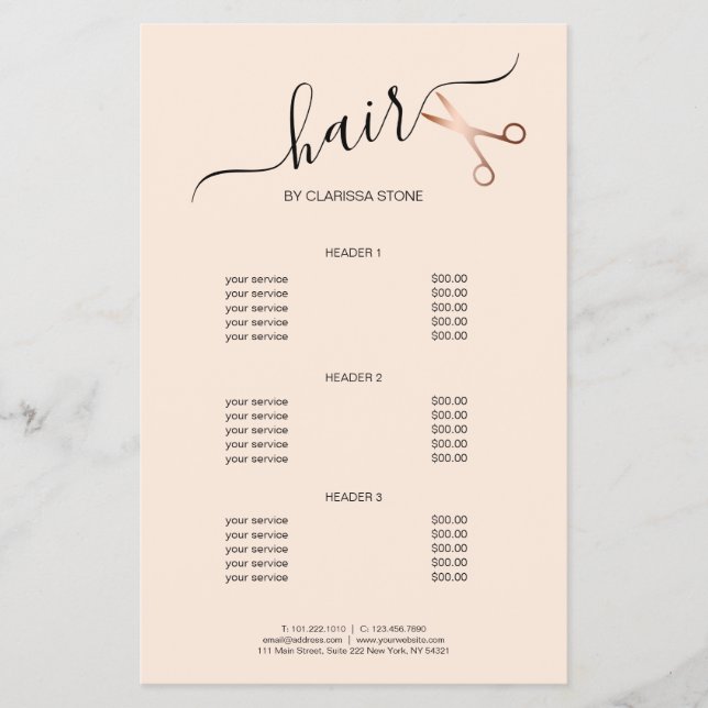 Elegant modern rose gold scissors hairstylist flyer (Front)
