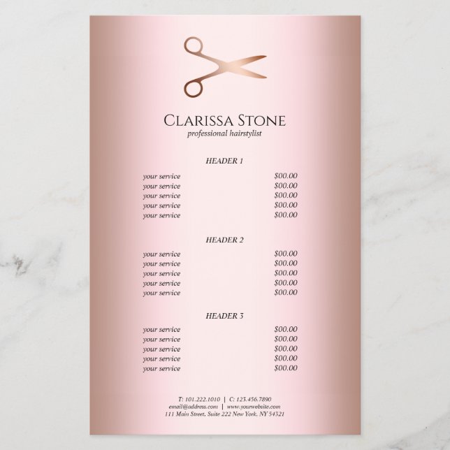 Elegant modern rose gold scissors hairstylist flyer (Front)