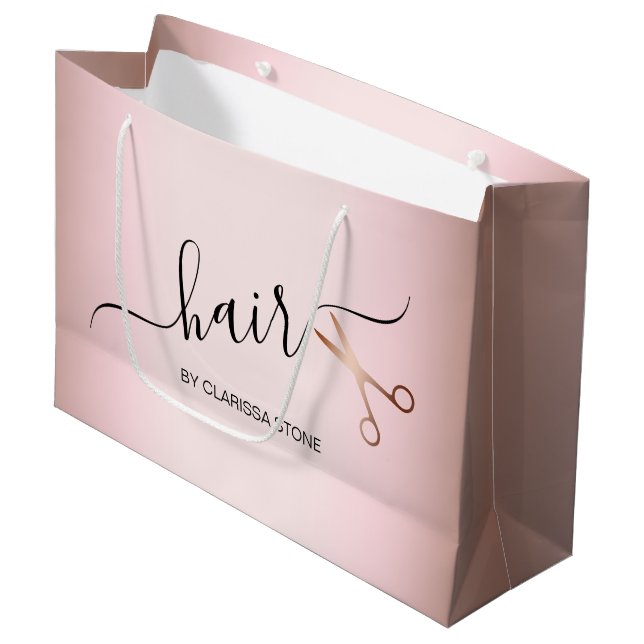 Elegant modern rose gold scissors hairstylist large gift bag (Front Angled)