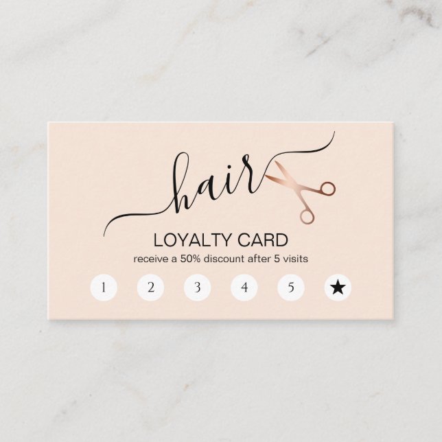 Elegant modern rose gold scissors hairstylist loyalty card (Front)