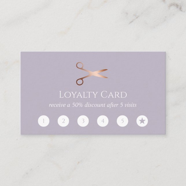 Elegant modern rose gold scissors hairstylist loyalty card (Front)