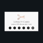 Elegant modern rose gold scissors hairstylist loyalty card<br><div class="desc">Modern and elegant design for hairstylists with faux rose gold scissors,  elegant calligraphy font and white background.</div>