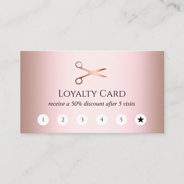 Elegant modern rose gold scissors hairstylist loyalty card (Front)