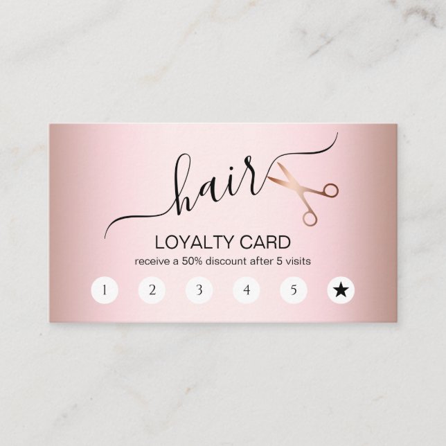 Elegant modern rose gold scissors hairstylist loyalty card (Front)