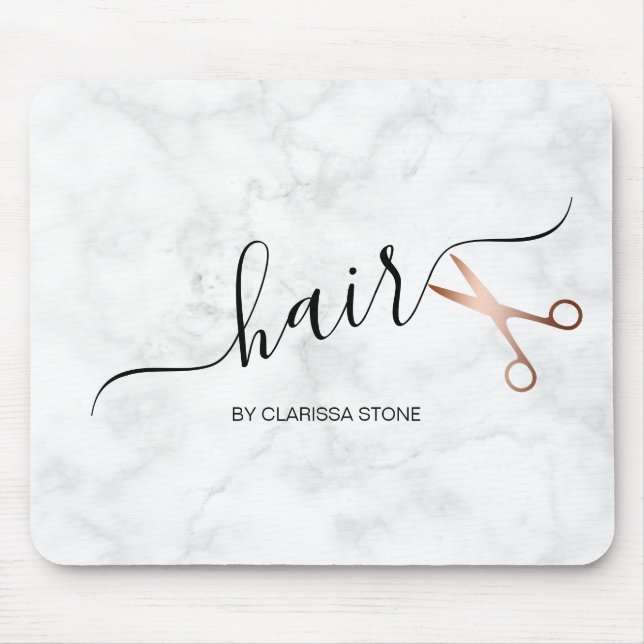 Elegant modern rose gold scissors hairstylist mouse mat (Front)