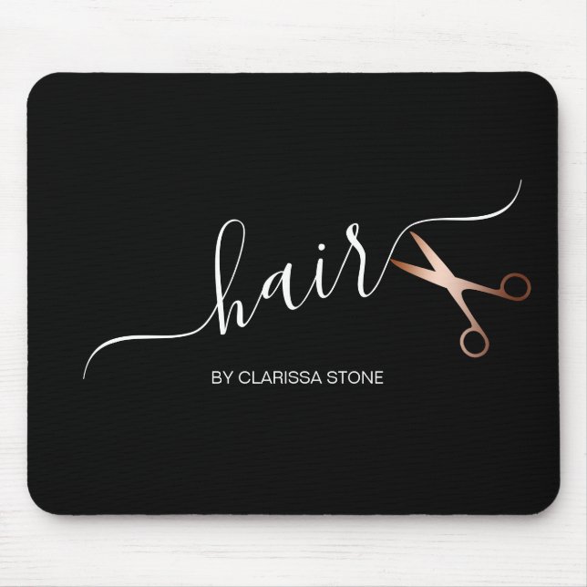 Elegant modern rose gold scissors hairstylist mouse mat (Front)