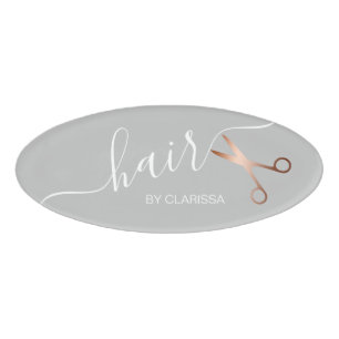 Elegant modern rose gold scissors hairstylist name tag