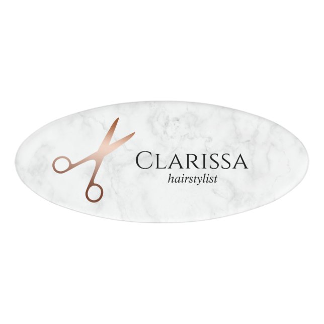 Elegant modern rose gold scissors hairstylist name tag (Front)