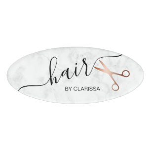 Elegant modern rose gold scissors hairstylist name tag