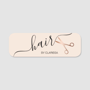 Elegant modern rose gold scissors hairstylist name tag
