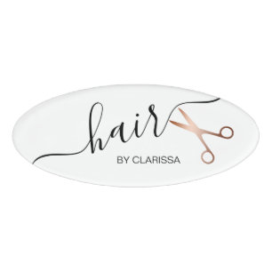 Elegant modern rose gold scissors hairstylist name tag