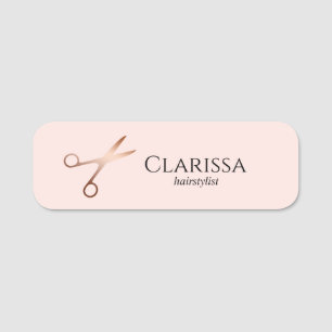Elegant modern rose gold scissors hairstylist name tag