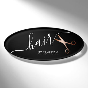 Elegant modern rose gold scissors hairstylist name tag