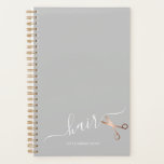 Elegant modern rose gold scissors hairstylist planner<br><div class="desc">Modern and elegant design for hairstylists with faux rose gold scissors,  elegant calligraphy font and grey background.</div>