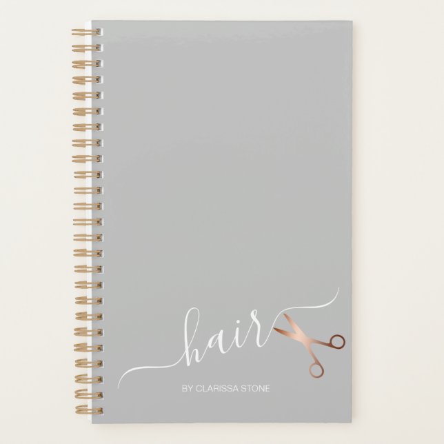 Elegant modern rose gold scissors hairstylist planner (Front)