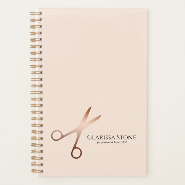 Elegant modern rose gold scissors hairstylist planner (Front)