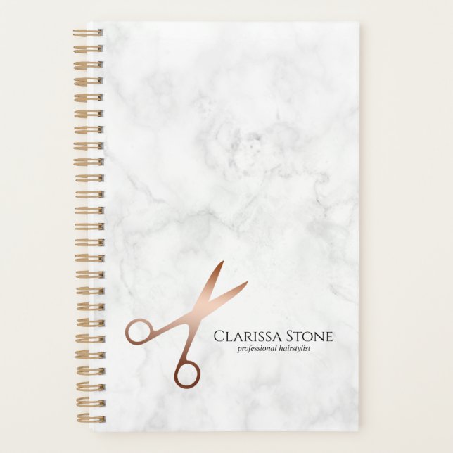 Elegant modern rose gold scissors hairstylist planner (Front)