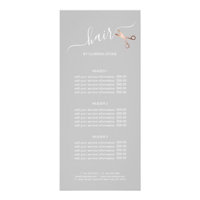 Elegant modern rose gold scissors hairstylist rack card (Front)