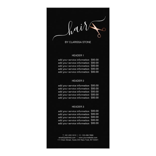Elegant modern rose gold scissors hairstylist rack card (Front)