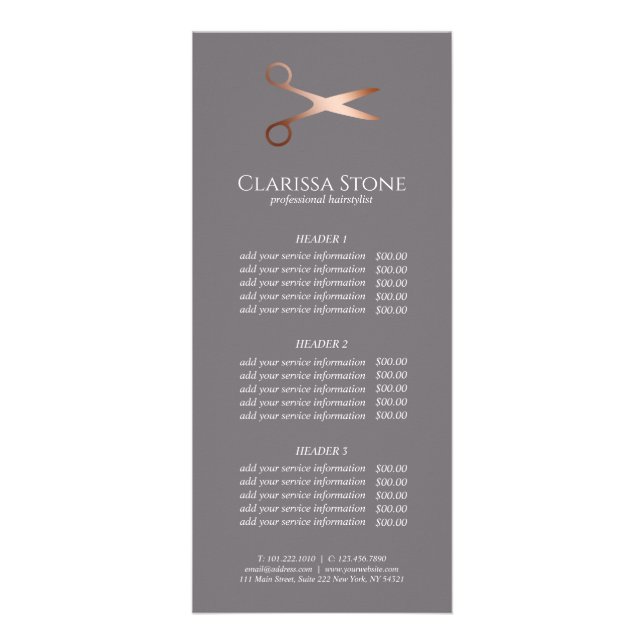 Elegant modern rose gold scissors hairstylist rack card (Front)